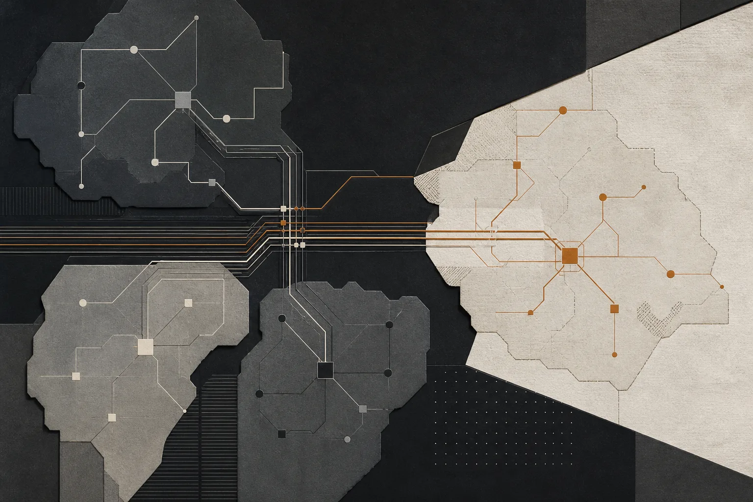 Abstract networks connected by copper and white lines against dark and cream backgrounds